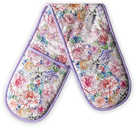 Maison d' Hermine Double Oven Mitts 100% Cotton 18 cm x 89 cm Double Oven Mitt Heat Resistant BBQ Cooking Gloves with Loop, Baking, Grilling, Home, Kitchen, Handling Hot Pans (Floral Love)