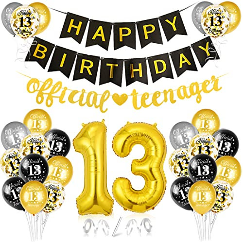 Bluelves 13. Geburtstag Deko Schwarz Gold, 13. Geburtstagsdeko Luftballons, 13 Jahr Geburtstag Ballon, Offizielle Teenager Girlande, Happy Birthday Girlande für Mädchen Jungen