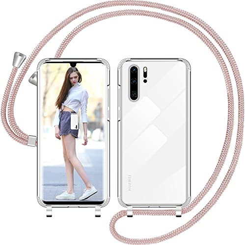 Nupcknn Handykette Hülle für Huawei P30 Pro Hülle TPU Bumper+PC Back Necklace(abnehmbar) Transparent Hülle mit Kordel zum Umhängen Handy Schutzhülle mit Band(Rosegold 1, 6.47)