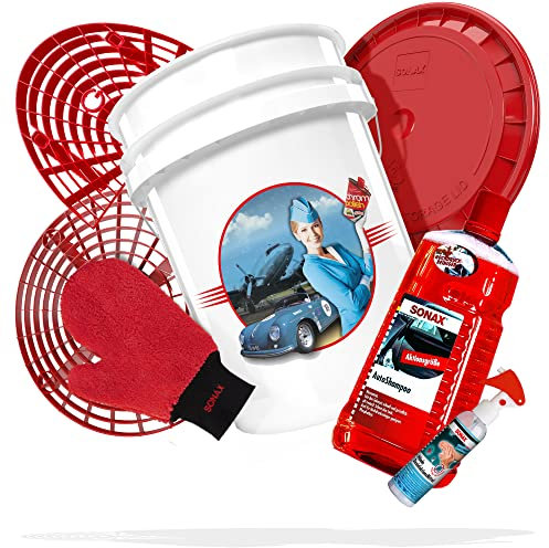 SONAX Autopflege Bundle Premium | Auto Reinigungsset - Wascheimer Stewardess mit Deckel + Grit Guard Eimereinsatz + Washboard Autoshampoo 2L + Waschhandschuh