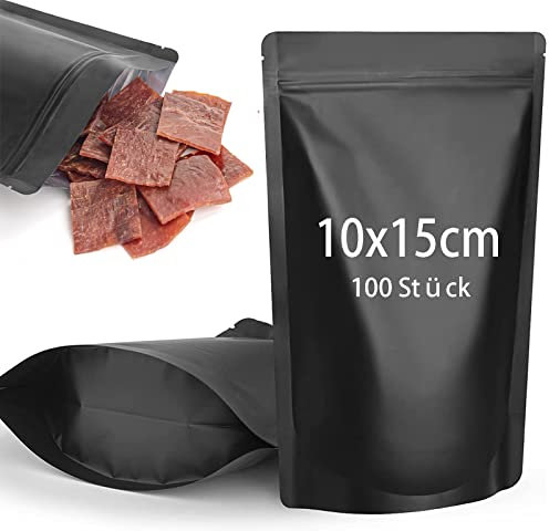 CANLENPK 100 Stück Wiederverschließbare Mylar Beutel,Standboden Beutel,Reißverschluss Folien Tasche,Lebensmittel Aufbewahrung, Matte Aluminiumfolie Hitzeversiegelbare Myla Bag(Schwarze,10 x 15 cm)