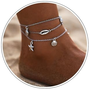 Wendalern Boho Muschel Seestern Fußkettchen Geschichtete Schildkrötenpanzer Fußkettchen Armbänder Mehrschichtiges Kauri Fußkettchen Silber Jakobsmuschel Fußkette Fußkettchen Schmuck für Frauen Mädchen