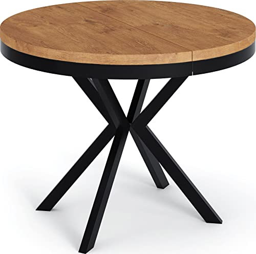 WFL GROUP Runder Ausziehbarer Esstisch - Loft Style Tisch mit Metallbeinen - 90 bis 170 cm - Industrieller Tisch für Wohnzimmer - Kompakt - 90 cm - Lancelot Eiche
