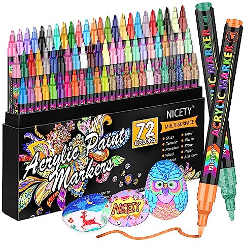 NICETY 72 Colors Acrylic Paint Pens Paint Markers, Extra Fine Tip Point Acrylic Paint Pens for Rock Painting, Canvas, Wood, Ceramic, Glass, Stone, Fabric, DIY Crafts & Art Supplies