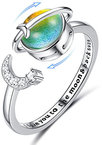 Krfy 925 Silber Angst Fidget Ringe für Damen 18K Weiß überzogener Mondstein Moodstone CZ Offener Ring für Anti Stress Einstellbarer Stern Mond Spinner Ring Fidget Ring für Frauen Mädchen