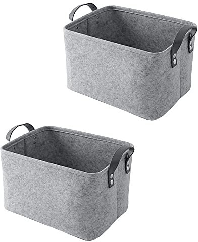 Kaizuca 2 Piece Felt Fabric Baskets, Toy Organiser Cube, Felt Storage Box, Foldable, with Two Handles, for Clothes, Towel, Toiletry, Baby Products, Books (Gray)