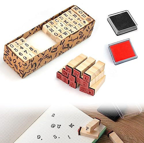 KITERI 40 Pcs Alphabet Stamps Set, Wooden Rubber Stamp Kit Number and Symbol Stamp Sets Multipurpose Craft Ink Stampes Kit Mini Letter Stampes and Ink Pad for Scrapbook Card Making Arts Craft