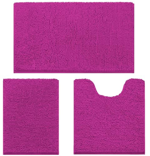 wyewye Bath Mat Set 3 Pieces, Non-Slip Back Chenille Bathroom Mat, 50x80cm 40x60cm Bath Rug and U-Shaped Contour Toilet Mat, Soft and Absorbent Bath Mat Sets, Rose, BR-08