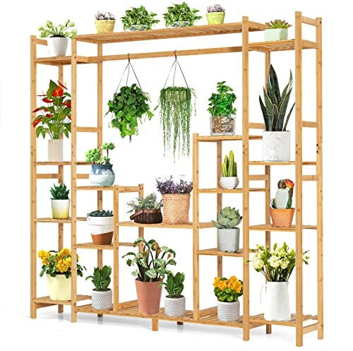 COSTWAY Bamboo Plant Stand, 9-Tier Flower Pots Rack with Hanging Rack, Slatted Shelves & Anti-Toppling Device, Indoor Outdoor Bonsai Display Holder Storage Organizer for Patio Garden Living Room