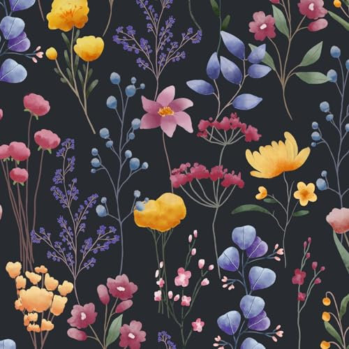 VOLEAAR Papier peint à motif floral foncé vintage bohème amovible, facile à coller, imperméable pour comptoir de cuisine, murs d'armoire, gris foncé, noir, violet, 45 cm x 300 cm