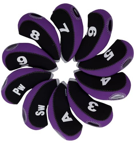 Andux Print Number Golf Iron Club Head Covers with Transparent Window 10pcs/Set Black/Purple