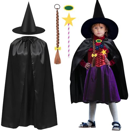 iZoeL 2025 World Book Day Costumes for Girls Room On The Broom Costume Kids Girls - Black Cape Witch Hat Braids Star Wand- WBD Fancy Dress for Childrens Witch Dress Up Girls