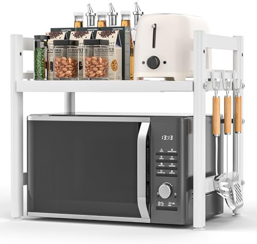 Glovios Soporte para Microondas y Horno Cocina con 6 Ganchos, Estanteria para Microondas Encimera, Mueble Extensible Microondas Cocina (Blanco)