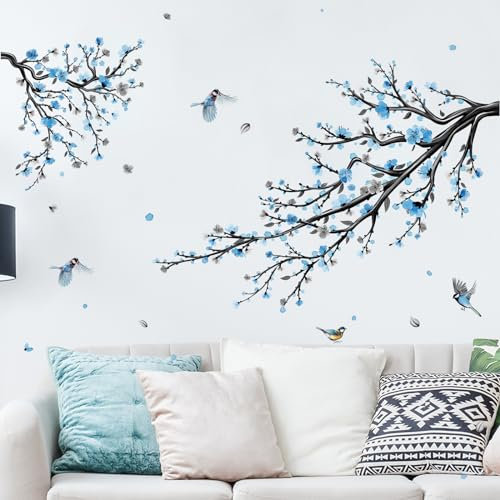 HaoFuJi Adesivi Murali Fiori Pianta Adesivi da Parete, Ramo di Albero Uccello Blu Floreale Sticker da Muro per Camera da Letto Soggiorno Finestra Ufficio Decorativo