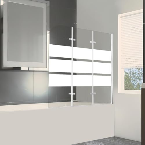 Ansobea Duschwand für Badewanne, 120x140cm 3-Teilig Faltbar Duschwand Badewanne,6mm ESG Sicherheitsglas,Badewannen Duschwand weiße Streifen,Glas Badewannenwand mit Badewannenaufsatz