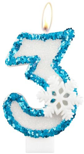 Snowflake Birthday Candles, Glitter 3rd Birthday Number Candle, Snowflake Number 3 Candles for Cake, Blue White Frozen Cake Candles Toppers for Girls Frozen Themed Party Decorations