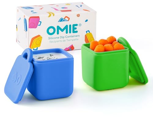 Omie OmieBox auslaufsichere Dips-Behälter für unterwegs, Salatdressing-Behälter, Gewürzbehälter mit Deckel, lebensmittelechtes Silikon, 118 ml, Meerblau/Grün, 2 Stück