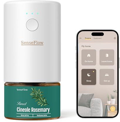 SenseFlow Aroma Diffuser für Ätherische Öle Smart Wi-Fi SF101S, Wasserloser Ultraschall Duftstecker Raumduft, 100% pflanzlich Lufterfrischer, 120-Tage Aroma für Zuhause bis zu 100 m²- Cineol Rosmarin