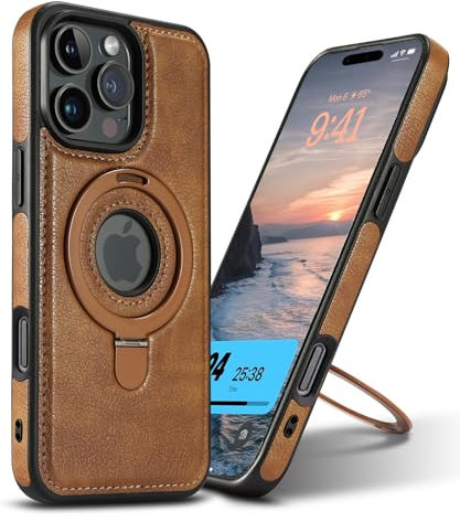 Clatoxi für iPhone 16 Pro Leder-Magnethülle mit Unsichtbarem Ständer [Kompatibel mit Kabellosem Laden], Retro-Luxus-Business-Schlank-Ständer-Stoßfest-Telefona Case für iPhone 16 Pro (Braun)