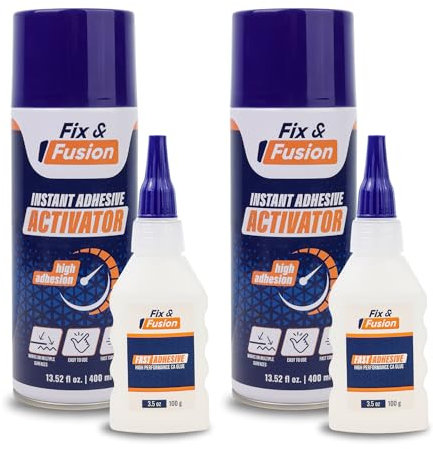 FIX & FUSION Ca Super Glue (100 gr) with Activator Spray (400 ml) Set, Fast Adhesive/Cyanoacrylate Glue & Instant Activator for Woodworking, Plastic, Rubber, Granite, DIY & Industrial, (2 Pack)