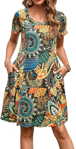 Enmain Vestido Estilo Camiseta para Mujer de Verano de Manga Corta con Bolsillos túnica Vestido Casuales Bohemios hasta la Rodilla para Mujer, NegroMarrón, 2XL