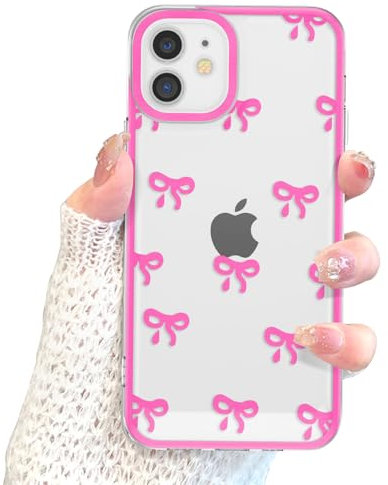 EYZUTAK Case for iPhone 12, Clear Cute Ribbon Bowknot Pattern Aesthetic Transparent Phone Case Raised Camera Protection Stylish Slim Soft Durable TPU Protective Cover for Women Girls - Rose Red