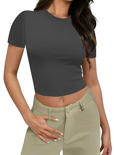 Weardear Sport T-Shirt Damen Kurzarm Sportshirt Atmungsaktiv Laufshirt Rundhals Running Training Kurzarmshirt Fitness Crop Top Elastisch Oberteil Dunkelgrau S