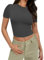 Weardear Sport T-Shirt Damen Kurzarm Sportshirt Atmungsaktiv Laufshirt Rundhals Running Training Kurzarmshirt Fitness Crop Top Elastisch Oberteil Dunkelgrau S