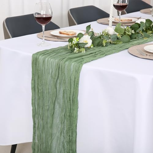 Jumdast käsetuch Tischläufer Boho, Tischläufer Modern Abwaschbar Hochzeit Outdoor Garten Wetterfest Musselin Chiffon Stoff Hochzeitsdeko Taufe Deko Tischdeko (Salbeigrün, 90 x 180 cm)