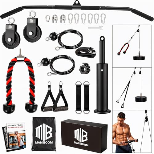 Maniboom Seilzug Fitness - Pulley System mit 2-in-1-Stange + Trizepsseil + Griffen Equipment Einstellbar Kabelzug für Zuhause Platzsparend - Home Gym Equipment Kompatibel mit Power Rack, Kabelmaschine