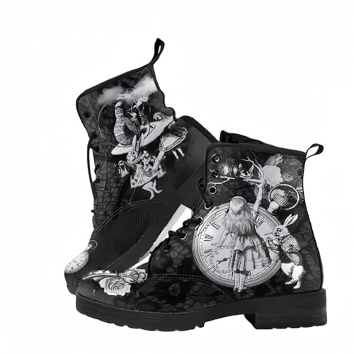 Women's Printed Short Boots Autumn and Winter Lace-up Combat Boots Ankle Boots Rose Skull Cartoon Pattern Gifts for Girls Women