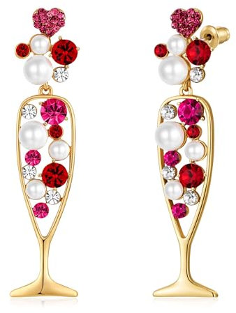 LILIE&WHITE Valentinstag Ohrringe für Damen – Goldfarbene Sektglas-Ohrringe mit Perlen, Roten und Rosa Kristallen, Hypoallergen, Farbecht, Geschenk für Geburtstage, Hochzeiten & Jubiläen