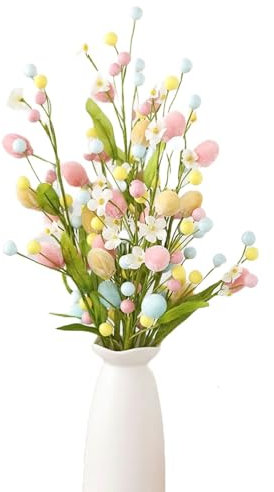 BaronHong Künstliche Osterblumen, bunte Ostereier, Blumenstiele mit Beeren, Perlen, Dekorationszweige (3er-Pack, M)