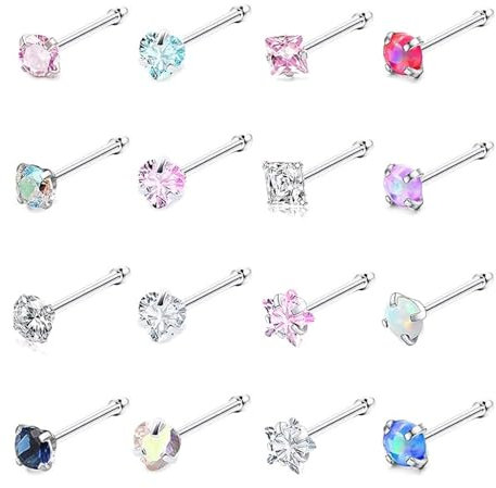 FloralGrace 16 Stück Hypoallergene Nasenringe Stecker Chirurgennach Edelstahl Nasenringe Für Damen 3mm CZ Opal Labret Lippen Nasen Piercings Schmuck L förmige Nasenringe