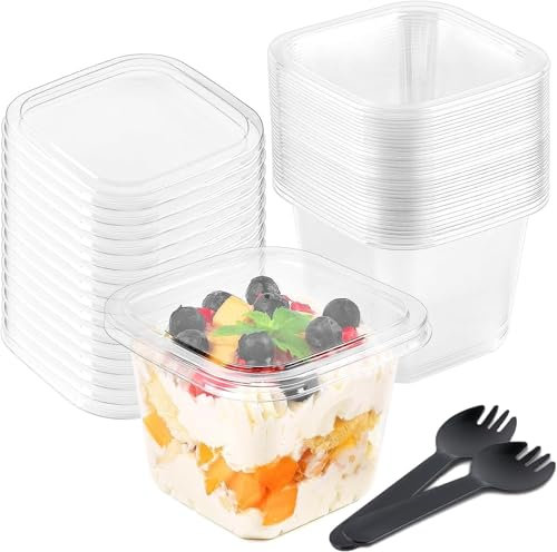 LATERN 50Pcs Plastic Dessert Cups with Lids, 360ml Square Dessert Cup Clear Parfait Appetizer Cup Reusable Serving Bowl with Sporks for Desserts Pudding Mousse Party (10cm x 7.5cm)