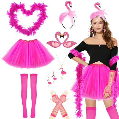 Grantop Lot de 11 costumes de flamant rose pour femme avec serre-tête flamant rose, jupe tutu pour femme, boa en plumes, verres flamants roses, boucles d'oreilles, collier, costume de carnaval pour