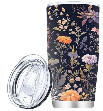 FOLAI Thermobecher- Isolierbecher, Edelstahl Travel Mug, 20oz/600ml Vakuum auslaufsicher Reisebecher mit Deckel, Autobecher, Kaffee Becher(Blumen und Pflanzen)