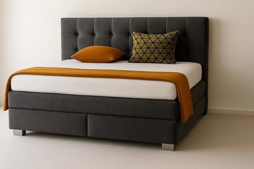 A&J MöbelLand Boxspringbett Verona 200 x 200 cm mit Zwei 7-Zonen-Taschenfederkernmatratzen und gepolstertem Kopfteil. Farbe: Anthrazit