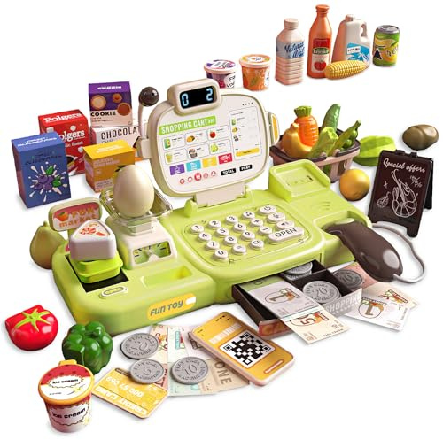 Registratore di Cassa Giocattolo con Microfono,Scanner Sonoro e Luminoso,Cassa del Supermercato Giocattolo,Set di Gioco Didattico Regalo per Bambini di ,3,4 5 Anni