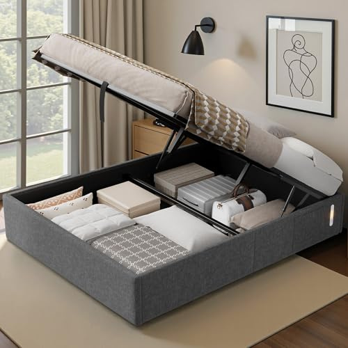 LUXOAK Bett 140x200 cm mit Stauraum und Gasdruckfeder, USB-Anschluss, LED-Nachtlicht, Seitentasche, geräuscharm, einfache Montage, kein Boxspring nötig, grau