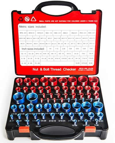 66-Piece Nut and Bolt Thread Checker Kit | 34 SAE (Blue) + 32 Metric (Red) Thread Gauges - Precision Bolt Size Finder for Tight Spaces, DIY & Professional Repairs