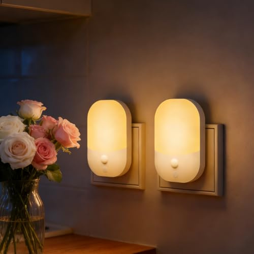 EMEMO [Lot de 2] Veilleuses avec Capteur de Crépuscule, Veilleuse Prise pour Electrique LED, 3000K, 3 Modes, Luminosité Réglable 5 Niveaux Lampes, pour Chambre d'Enfant, Couloir, Escalier, Cuisine