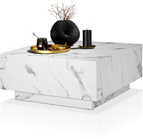 tectake® Couch Tisch, Room Decor in Marmor Optik, Tisch Wohnzimmer, moderner Couchtisch, Beistelltisch, Wohnzimmertisch, Sofatisch, Side Table Schlafzimmer - Marmor Optik weiß, 80 x 80 x 35 cm