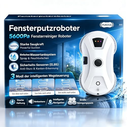 Fensterputzroboter mit Sprühfunktion, 5600 Pa Fensterroboter mit Intelligenter Navigation, 3 Reinigungsmodi, Sicherheitsseil und UPS, für Fenster, Glas, Spiegel und Fliesen