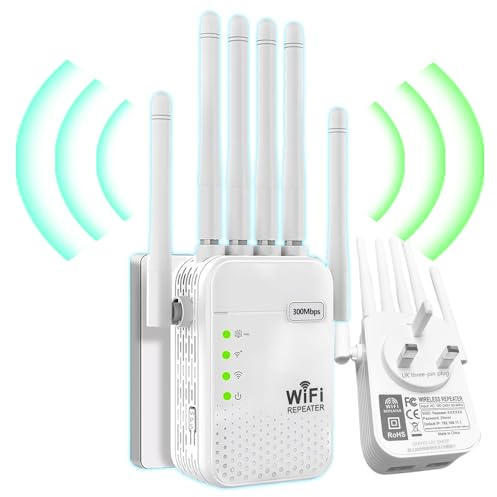 Professional WiFi Repeater UK three-pin plug, Extender Booster 2.4G /5G | 6 Antennas Offering Ultra-powerful 360°Signal Penetration Through walls, with Ethernet 2 Port,Offices and Homes.