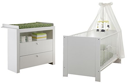 trendteam smart living - Olivia - Babyzimmermöbel - Weiß - Kinderbett, Wickelkommode - silberfarbene Griffe
