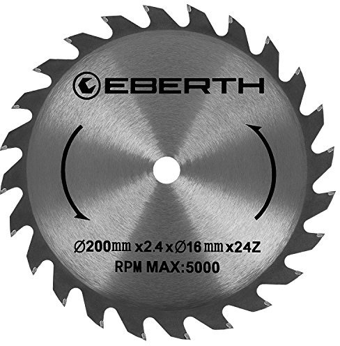 EBERTH Lame de Scie Circulaire en Acier avec Dents en Carbure pour la Coupe du Bois (Diamètre 200mm, Alésage 16mm, Épaisseur de la Lame 2.4mm, Largeur de Coupe 3.4mm, 24 Dents, RPM Max. 5000)