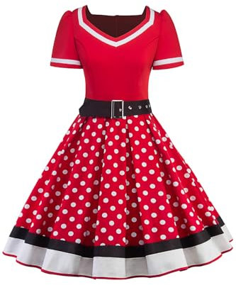 AXOE Damen 50er Jahre Kleider Rockabilly Vintage Festliches mit Abnehmbarer Gürtel A LinieRot Weiß Gepunktet, Gr.38, M