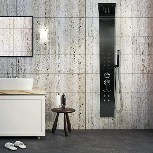 Flyelf Duschpaneel Edelstahl mit Massagendüsen,Regendusche,Handbrause,Wasserfall Duschsäule (Schwarzer Edelstahl)