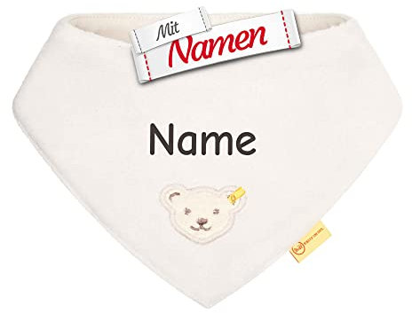 Steiff Halstuch mit Namen personalisiert (bestickt), Baby Dreieckstuch personalisiert, Teddy Bär, Streifen, Mädchen/Junge (Grau/Beige)